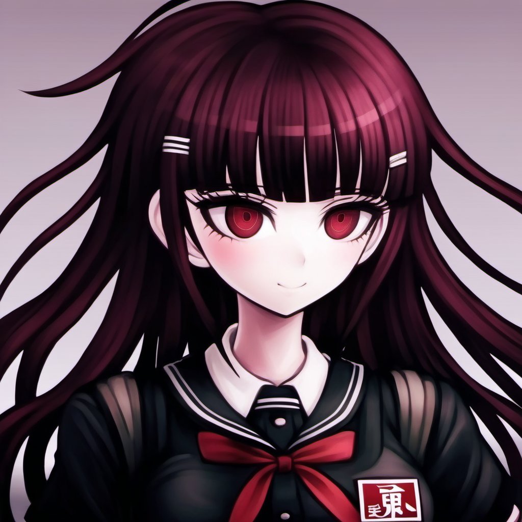 masterpiece, best quality, dark maroon hair, red eyes, bangs, portrait, female, simple background, black school uniform, dark hue, danganronpa style, komatsuzaki rui style, Thick lines, Reflection in the hair