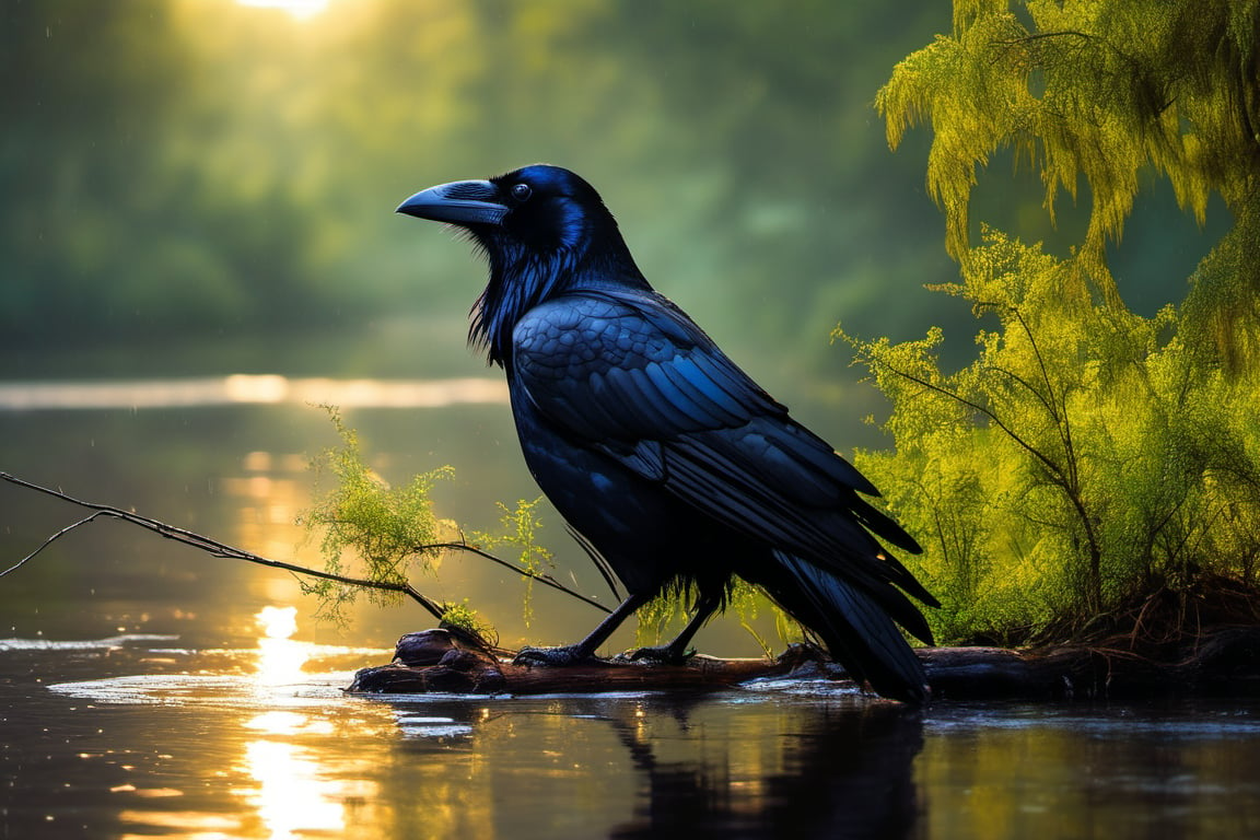 
An eclectic raven bird of sheen, sitting on a short tree branch ontop of a running river. the river being surrounded by short trees, giant trees and long weeds. looks like a wet and swampy forest surrounding the river. Place looks extremely bushy with wetness of rain. a dark cloudy sky covering the sun rays. natural view, natural looks, clear view, realistic view, wet environment, peaceful and a serene environment.