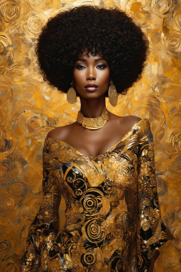 

Artistic image of a Black woman in Gustav Klimt style of dress. Emulate Gustav Klimt's art style with bold, golden patterns on the dress and intricate decorative elements. Use wet ink technique to create a visually striking artwork. The scene is set indoors with ambient lighting to enhance the golden hues. The woman stands gracefully, with a background filled with decorative elements and golden accents. Experiment with different camera angles to capture the essence of Klimt's style.