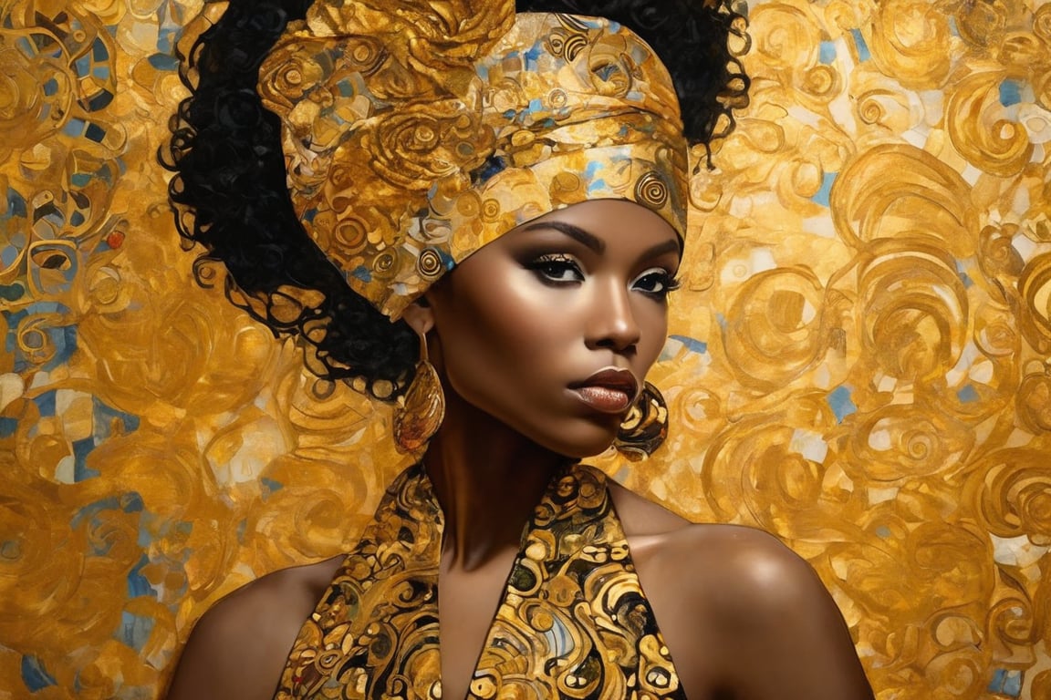 

Artistic image of a Black woman in Gustav Klimt style of dress. Emulate Gustav Klimt's art style with bold, golden patterns on the dress and intricate decorative elements. Use wet ink technique to create a visually striking artwork. The scene is set indoors with ambient lighting to enhance the golden hues. The woman stands gracefully, with a background filled with decorative elements and golden accents. Experiment with different camera angles to capture the essence of Klimt's style.