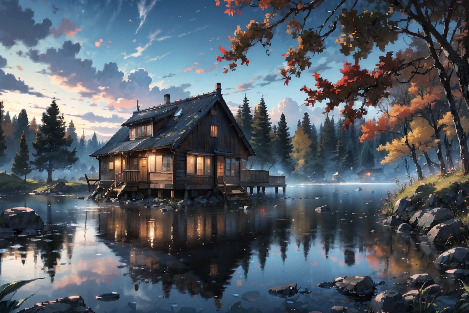 a full view of a rustic wooden cabin, adorned with a white roof and a chimney. The cabin is situated on a small lake, surrounded by a forest of trees, their leaves changing colors, adding a touch of color to the scene. The lake's reflection can be seen in the water, creating a peaceful and serene atmosphere. The sky is a muted blue, with a few wispy clouds in the distance.