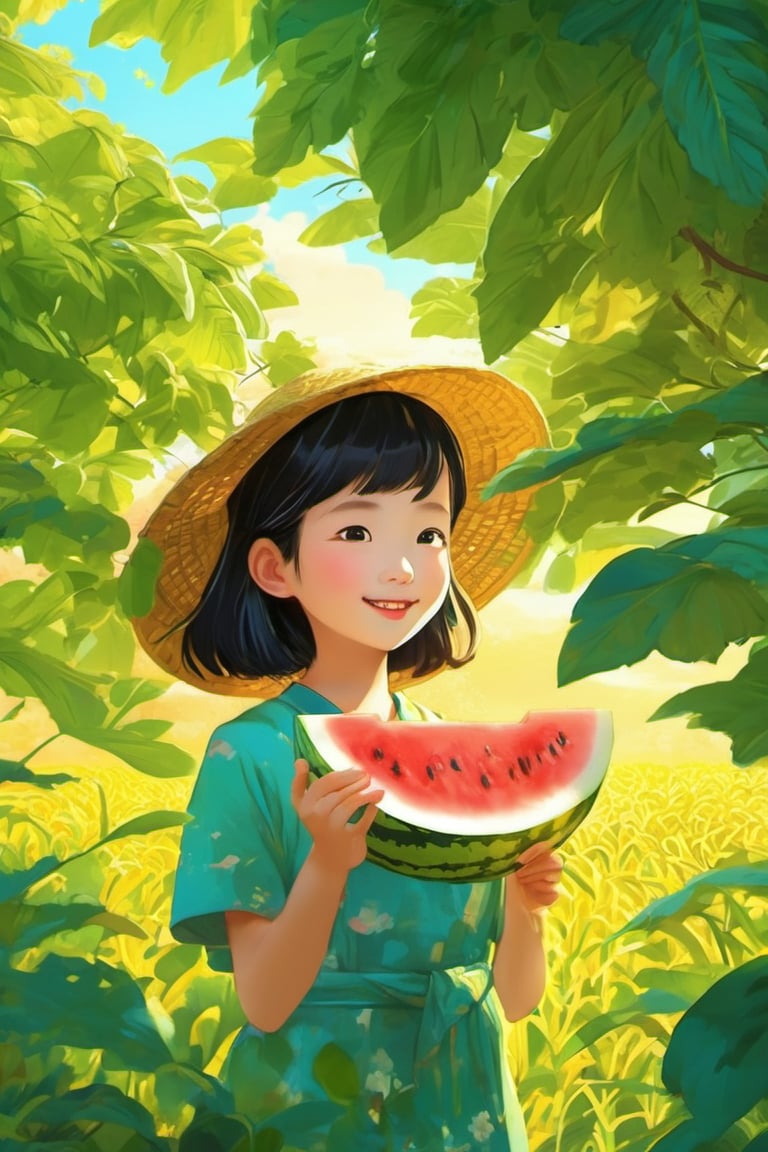 https://s.mj.run/yTJcrOxUPX0 Prospect: The sky is high, the air is cool, and the golden rice field is bright. Middle shot: Under a big tree full of green leaves, a cute little Chinese girl is eating a watermelon, rich in detail, ultra high definition --ar 9:16 --stylize 750 --v 6.1