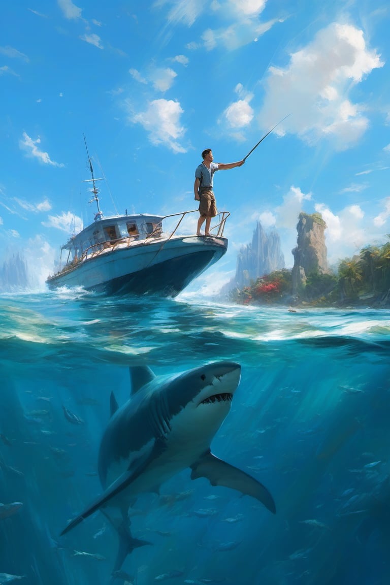 there is a man standing on the bow of a boat in the water,  a big shark under water , bottom angle, bottom - view, crystal clear water, good looking, bottom view, reddit post, crystal clear blue water, over water, extreme wide angle, alternate angle, beautiful angle, wonderful masterpiece , oil painting , thick brush stroke , palette knife