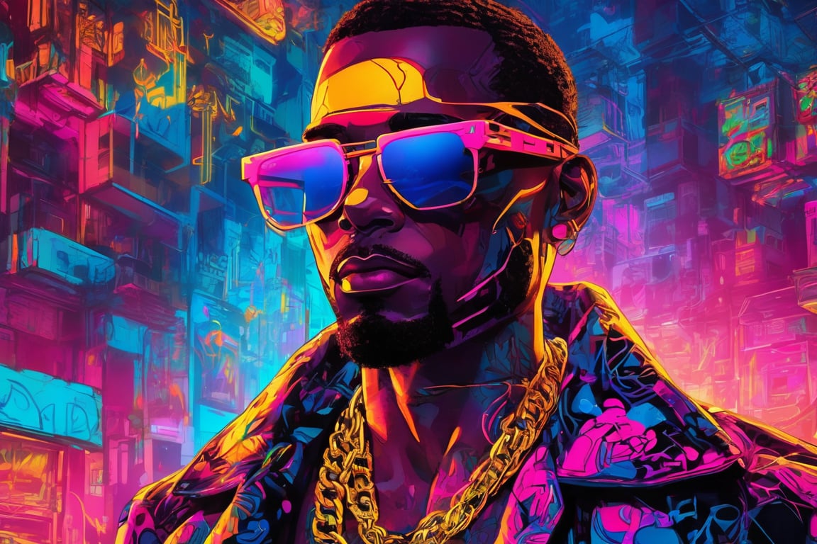 A futuristic neon-lit sculpture of a man, wearing oversized sunglasses and a gold chain, intricate graffiti patterns on the skin, vibrant colors. Background filled with comic book style graffiti, neon blue and pink hues. Dynamic lighting, shadow highlights, vivid contrast. Created Using: cyberpunk art style, UV paint effect, comic book influenced, 3D rendering, neon glow, digital illustration, high contrast lighting, graffiti art