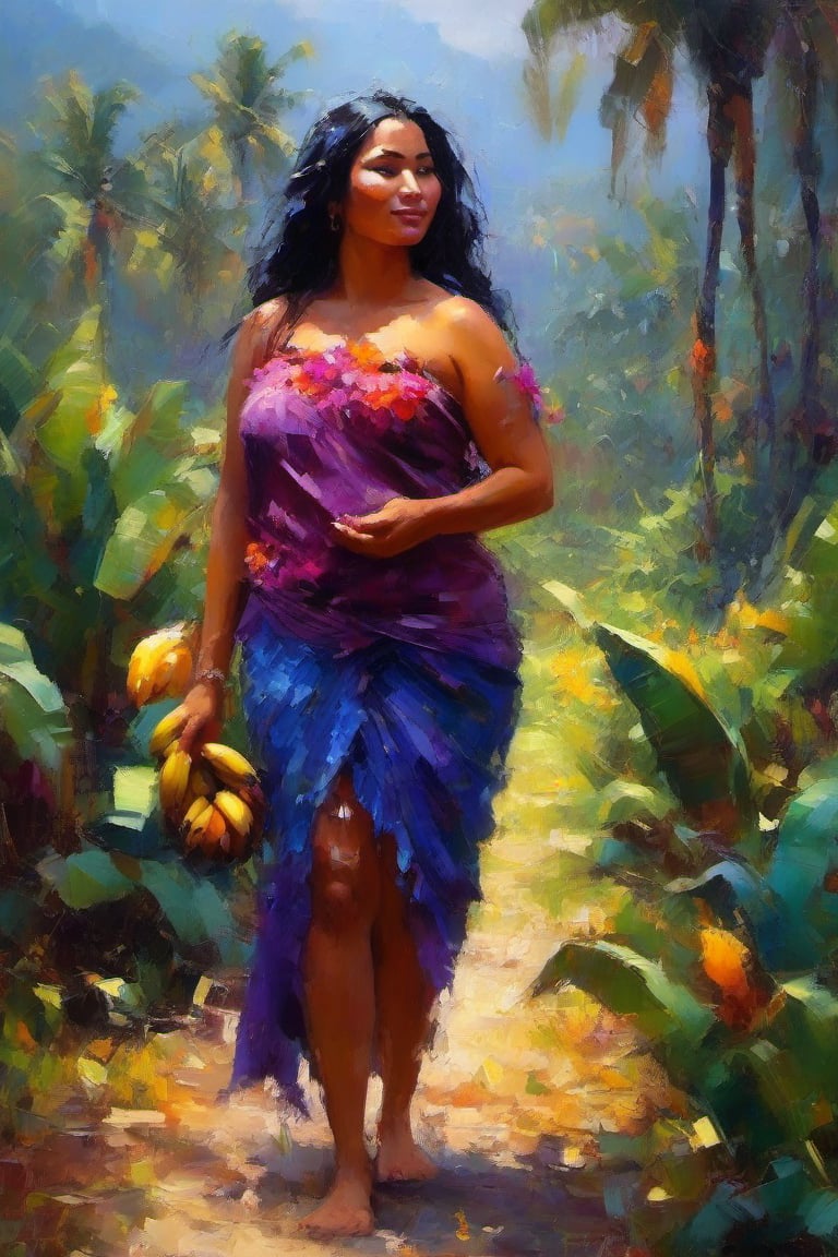 an oil painting of A plump tahitian woman in a field carrying a bunch of bananas,beautiful face background banana trees . colourful  dark blue , purple ,Sunlight vibes and endless creativity , thick brush strokes , palette knife by robert hagan vibrant color