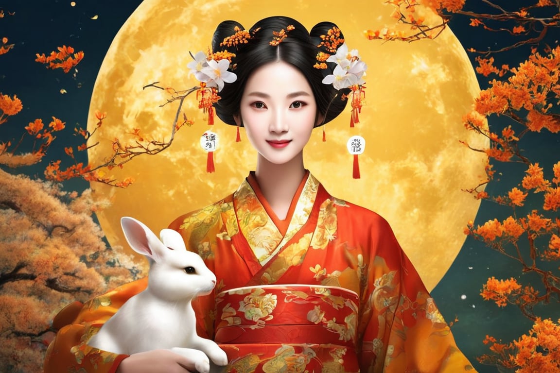 In the background of the Mid-Autumn Festival, a moon is a long-term view, the middle view is golden osmanthus, and the main body of the picture is a beautiful woman in ancient costume holding a rabbit in her arms. It has graphic design style and ancient Chinese artist style with high definition. --ar 9:16 --style raw --stylize 1000 --v 6.1 --p