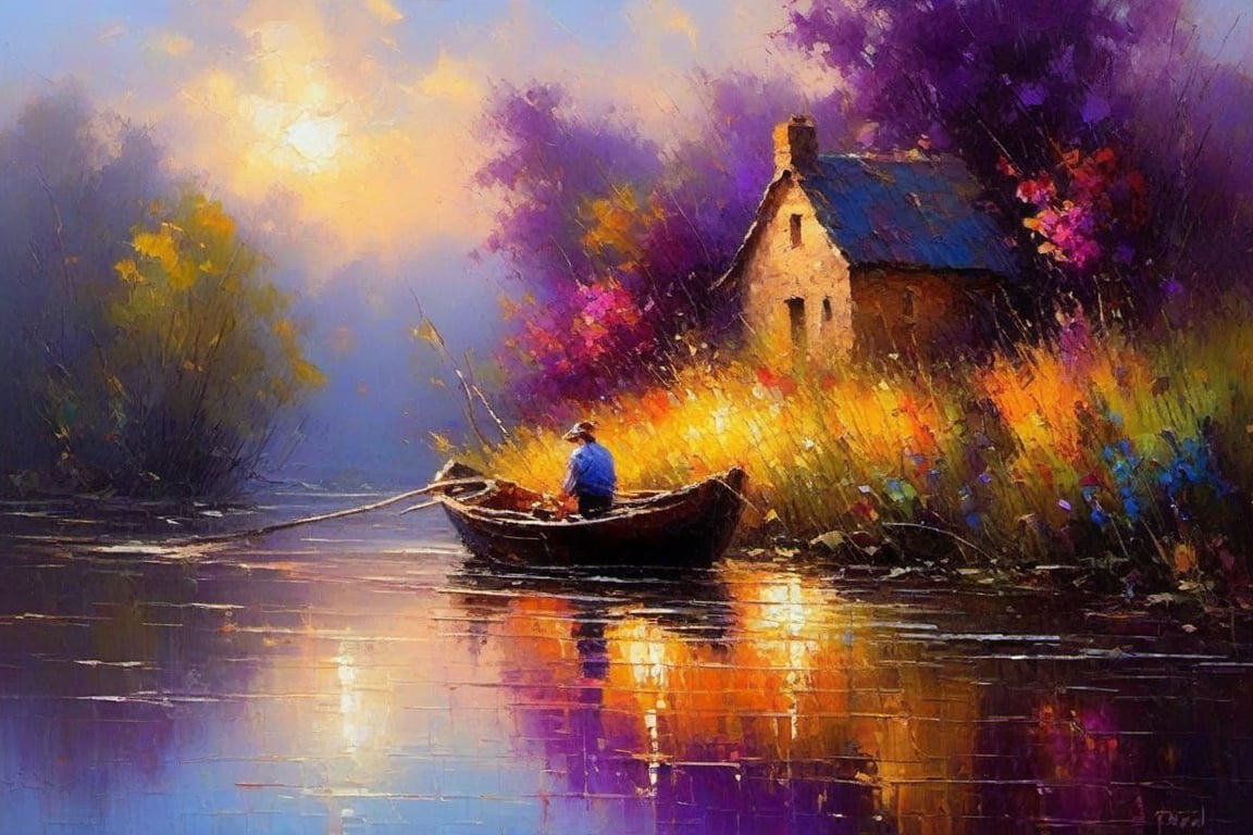 an oil painting of A life by the riverbank ,rustic cottage , boat ,the farmer fishing on the boat . colourful  dark blue , purple ,Sunlight vibes and endless creativity , thick brush strokes , palette knife by robert hagan vibrant color