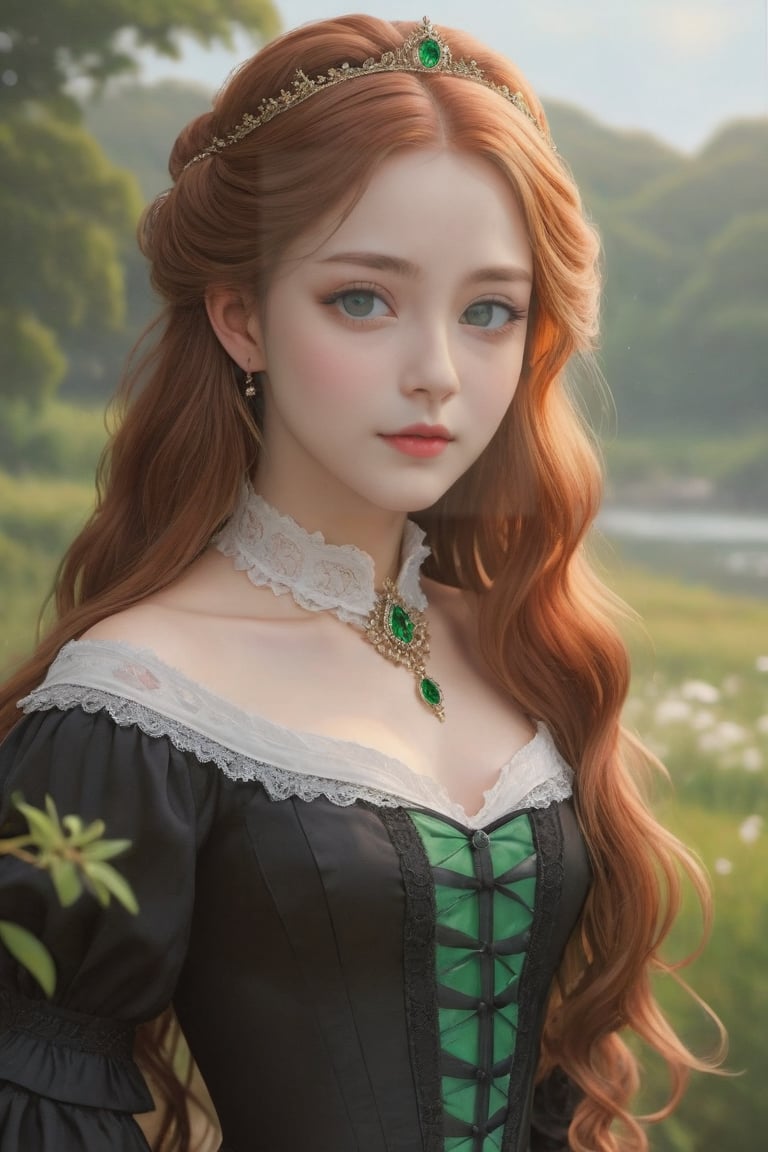 upper_body, (((masterpiece))), (((best quality,  realistic)))
((ultra-detailed)),  (detailed light)
((an extremely delicate and beautiful))
(beautiful intricate green eyes, beautiful face:1.3), soft lighting
Long_hair, red hair, ((black vintage dress 1885, extreme detail)),voldress,VICTORIAN DRESS,aw0k euphoric style