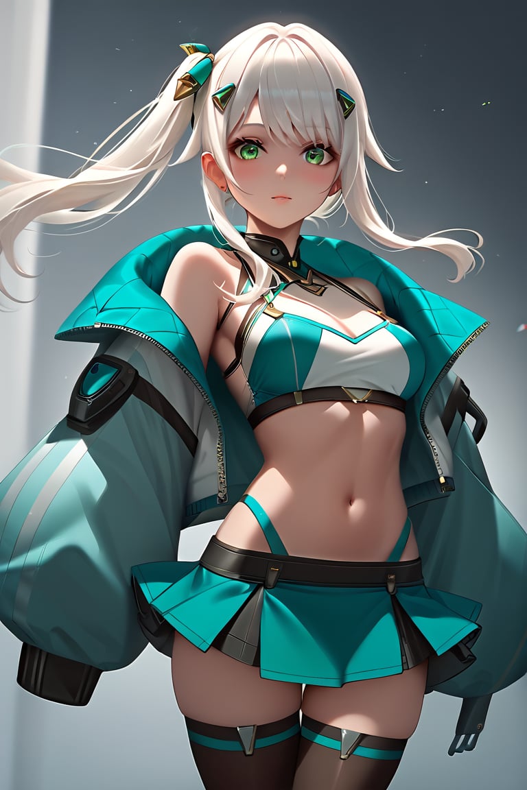 Hizuki,score_6_up,score_5_up,score_4_up,score_9,score_8_up,score_7_up, white hair, green eyes, Jacket futuristic,high-strap bikini under a short skirt, Thigh high stockings, crop top,Extremely Realistic