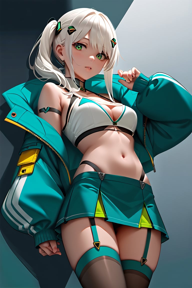 Hizuki,score_6_up,score_5_up,score_4_up,score_9,score_8_up,score_7_up, white hair, green eyes, Jacket futuristic,high-strap bikini under a short skirt, Thigh high stockings, crop top,Extremely Realistic