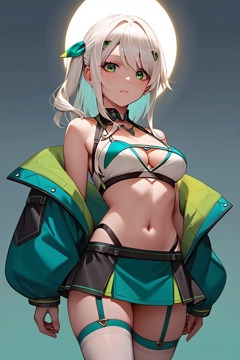 Hizuki,score_6_up,score_5_up,score_4_up,score_9,score_8_up,score_7_up, white hair, green eyes, Jacket futuristic,high-strap bikini under a short skirt, Thigh high stockings, crop top,Extremely Realistic