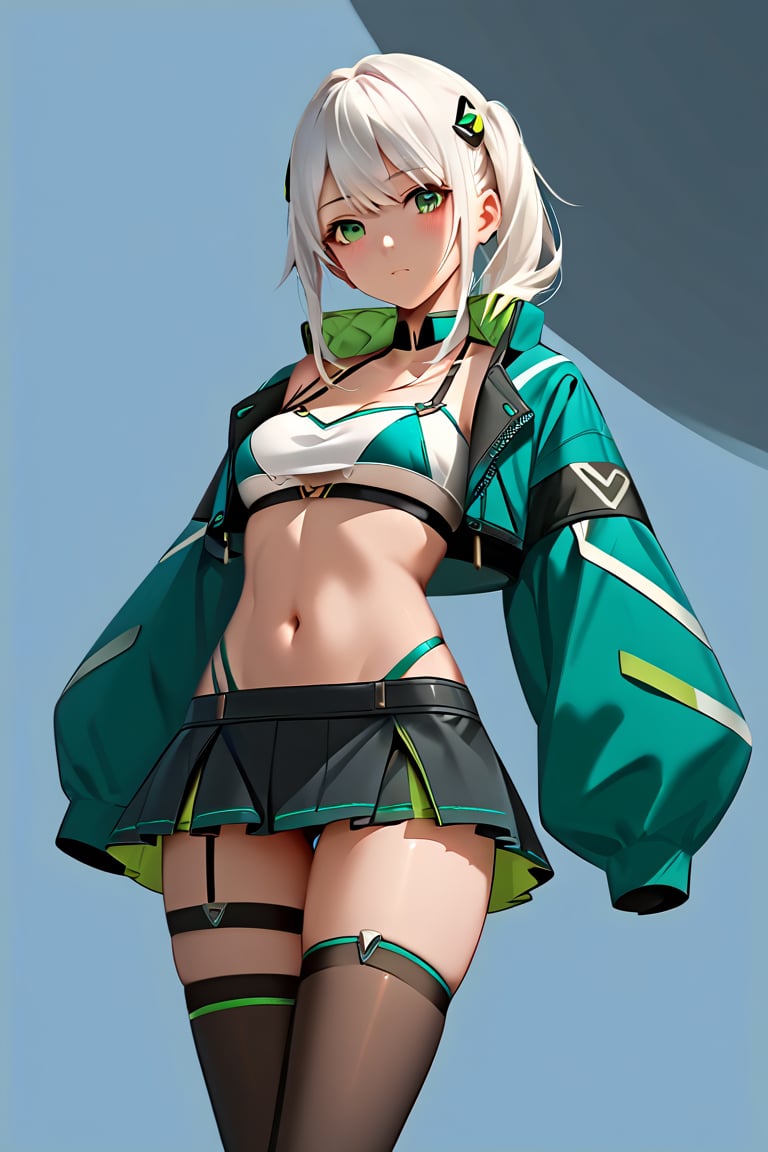 Hizuki,score_6_up,score_5_up,score_4_up,score_9,score_8_up,score_7_up, white hair, green eyes, Jacket futuristic,high-strap bikini under a short skirt, Thigh high stockings, crop top,Extremely Realistic