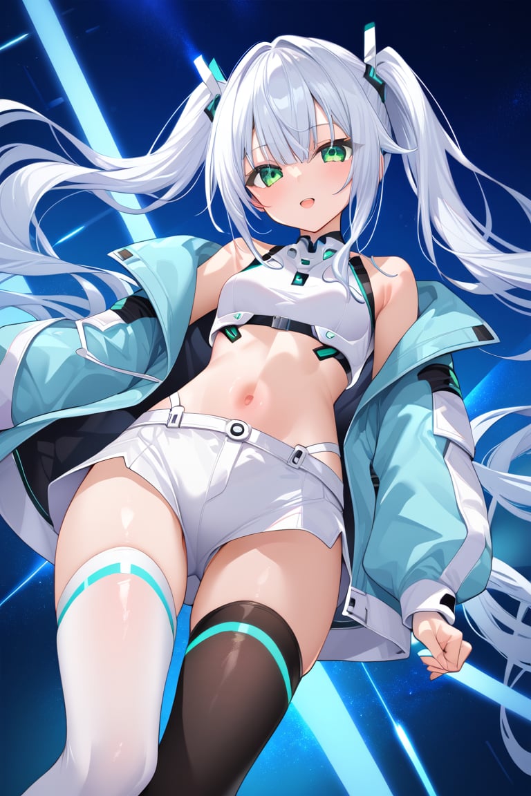 Hizuki,White hair, long hair, green-eyes, futuristic light blue jacket, crop top, white shorts,pigtails,high stockings