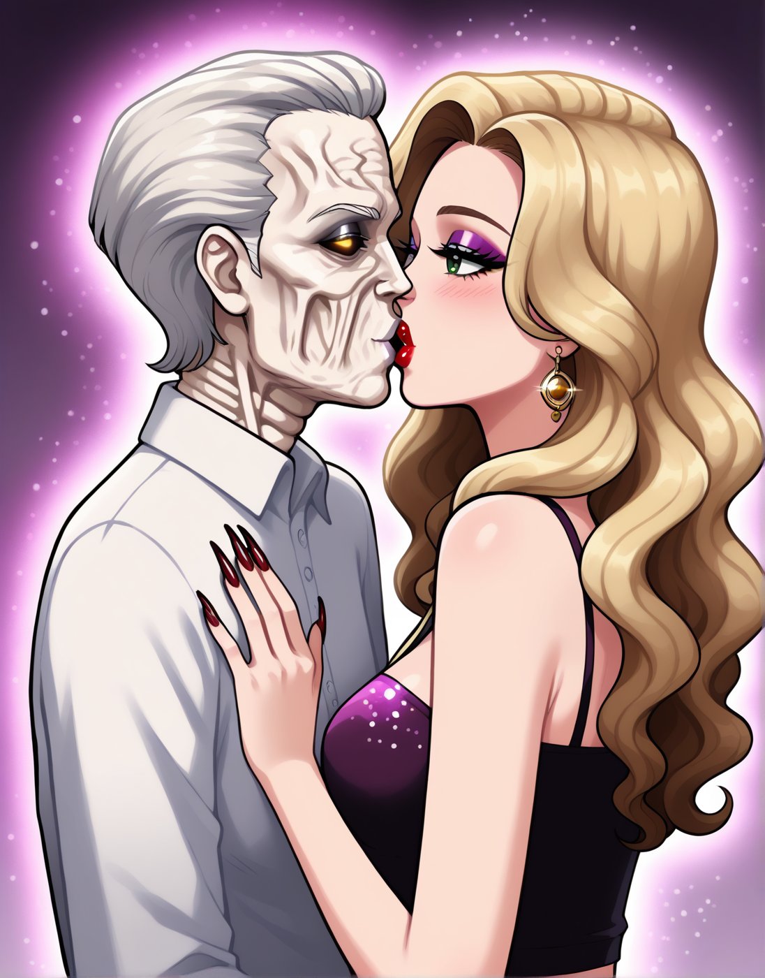 Sexy  beautiful elegant rich luxurious teenage fashion model woman with dark red lips,long eyelashes,long wavy curly blonde hair, open  eyes,smokey eyeshadow wearing fashionable fancy shoulderless full sleeve crop top revealing flat belly, kissing a teenage malnourished old man with white hair.skeletal_husk,draining kiss. (Woman cupping man's face in her hands).(man wearing shirt).closeup.((extremely long nails.)). Park background.detailed background. Cute.2d webtoon.vivid colors.woman passionately deeply kissing man.sideview.(glowing glittery sparkling pink aura outline swirling around),dark aura