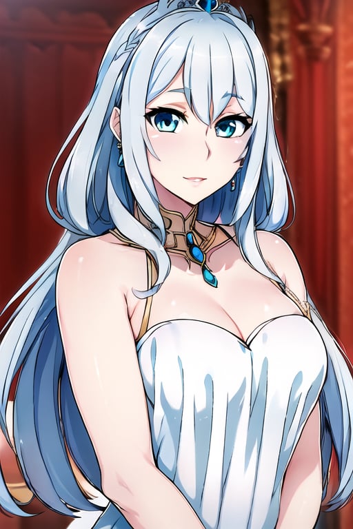 Very beautiful and charming girl, tender smile, silver long hair. She wears a very fancy and chaste princess outfit (Beautiful and elegant princess dress, silver tiara, elengat golden hairpin, beatiful earrings, elegant jewelry). Beautiful skin. Beautitul and detailed eyes. cyan eyes. Her eyes shine, her hair looks nice and shines too. Himecut hairstyle, golden earrings, shining golden hairpin. She's walking in the palace. Sunny day. That feminine beauty is present in her.,Yandere Simulator Style 