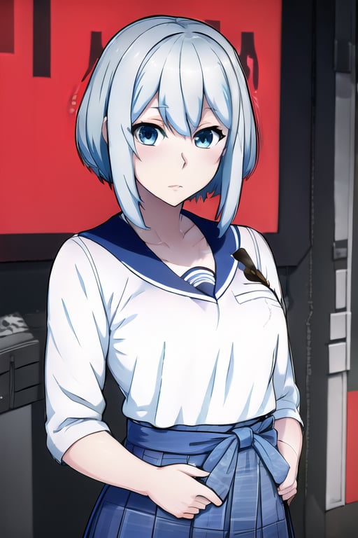 A serene scene of a female Autobot in a Japanese schoolgirl uniform, her cybernetic components visible beneath the fabric, set against the vibrant, high-tech backdrop of a cyberpunk day,Yandere Simulator Style 