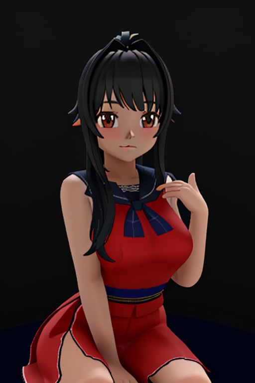 A striking solo portrait of a girl in a traditional Cambodian dress, rendered in 3D style reminiscent of Yandere Simulator. She sits elegantly, her long black hair cascading down her back like a waterfall of night. Her brown eyes seem to hold a hint of mystery as she gazes directly into the camera, her full lips subtly curved into a gentle smile. The warm lighting highlights the intricate patterns on her dress, while the dark background allows her features to take center stage.