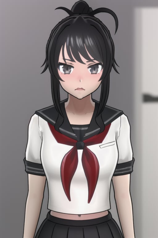 RyobaAishi, 1Girl, black serafuku, grey skirt, black hair, long hair, ponytail, upper body, dark grey eyes, Yandere Simulator Style 