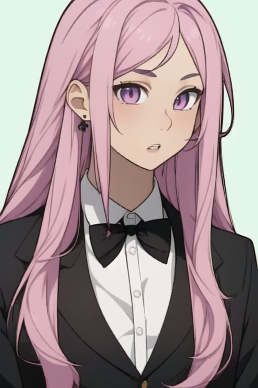 1girl, solo, long hair, looking at viewer, bangs, shirt, 1boy, bow, jewelry, purple eyes, jacket, upper body, pink hair, male focus, earrings, parted lips, collared shirt, indoors, bowtie, black shirt, dress shirt, black bow, swept bangs, black bowtie, chalkboard