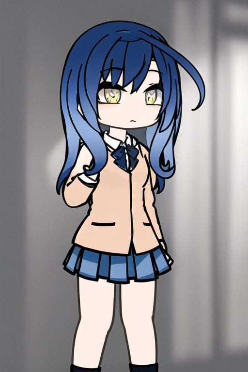 Gacha Ai,1Girl, Solo, Standing, blue hair, yellow eyes, School uniform,V