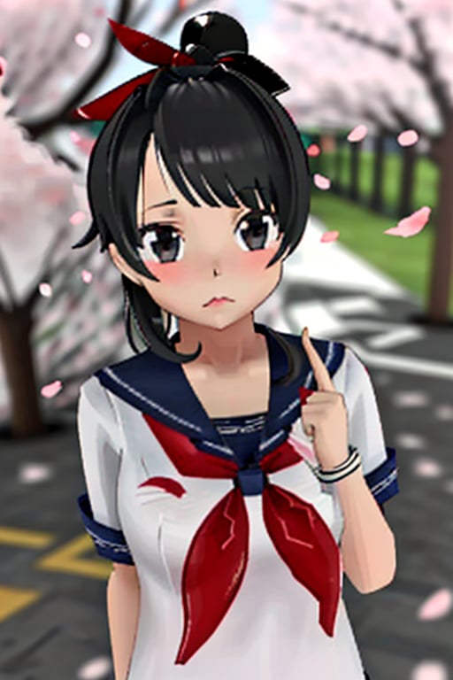 1girl, solo, long hair, looking at viewer, black hair, school uniform, upper body, ponytail, sidelocks, serafuku, blurry, black eyes, neckerchief, cherry blossoms,Yandere Simulator 3D Style 