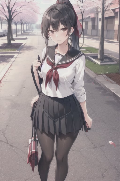 1girl, solo, long hair, looking at viewer, skirt, black hair, ponytail, school uniform, standing, full body, pantyhose, pleated skirt, outdoors, shoes, serafuku, black eyes,red neckerchief, black pantyhose, cherry blossoms,Yandere Simulator 