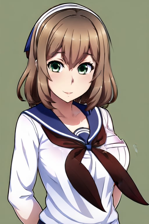 1girl, solo, breasts, looking at viewer, smile, large breasts, simple background, brown hair, school uniform, green eyes, upper body, hairband, serafuku, neckerchief, green background, pocket,Yandere Simulator Style 