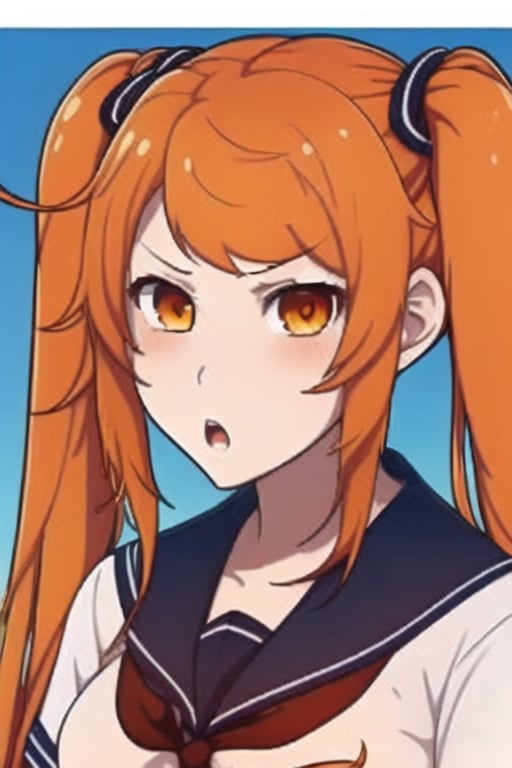 1Girl, Solo, School uniform, Serafuku, Orange eyes, orange hair, twintails, Angry, pale skin,Yandere Simulator Art Style 