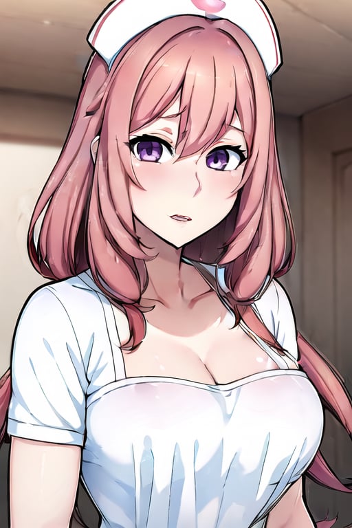 1girl, solo, long hair, breasts, looking at viewer, blush, bangs, hat, cleavage, hair between eyes, medium breasts, purple eyes, collarbone, upper body, pink hair, parted lips, indoors, lips, nurse cap, nurse,Yandere Simulator Style 