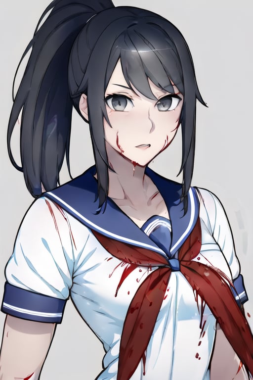 1girl, solo, long hair, breasts, looking at viewer, bangs, simple background, shirt, black hair, school uniform, collarbone, white shirt, upper body, ponytail, short sleeves, sidelocks, parted lips, serafuku, sailor collar, grey background, neckerchief, grey eyes, blood, red neckerchief, blood on face, blood on clothes,Yandere Simulator Style 