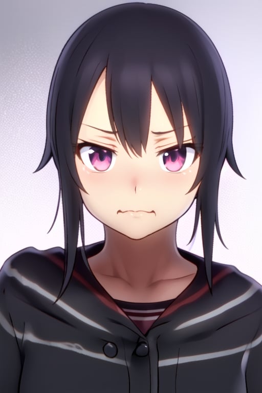 A close-up shot of Ayano Aishi's determined face, her eyes blazing with an unsettling intensity as she whispers a menacing threat into the ear of her unsuspecting victim. The dimly lit alleyway behind her is shrouded in darkness, the only sound being the distant hum of Tokyo's cityscape. Her sharp jawline and pointed chin seem to jut out, radiating an aura of calculated menace.