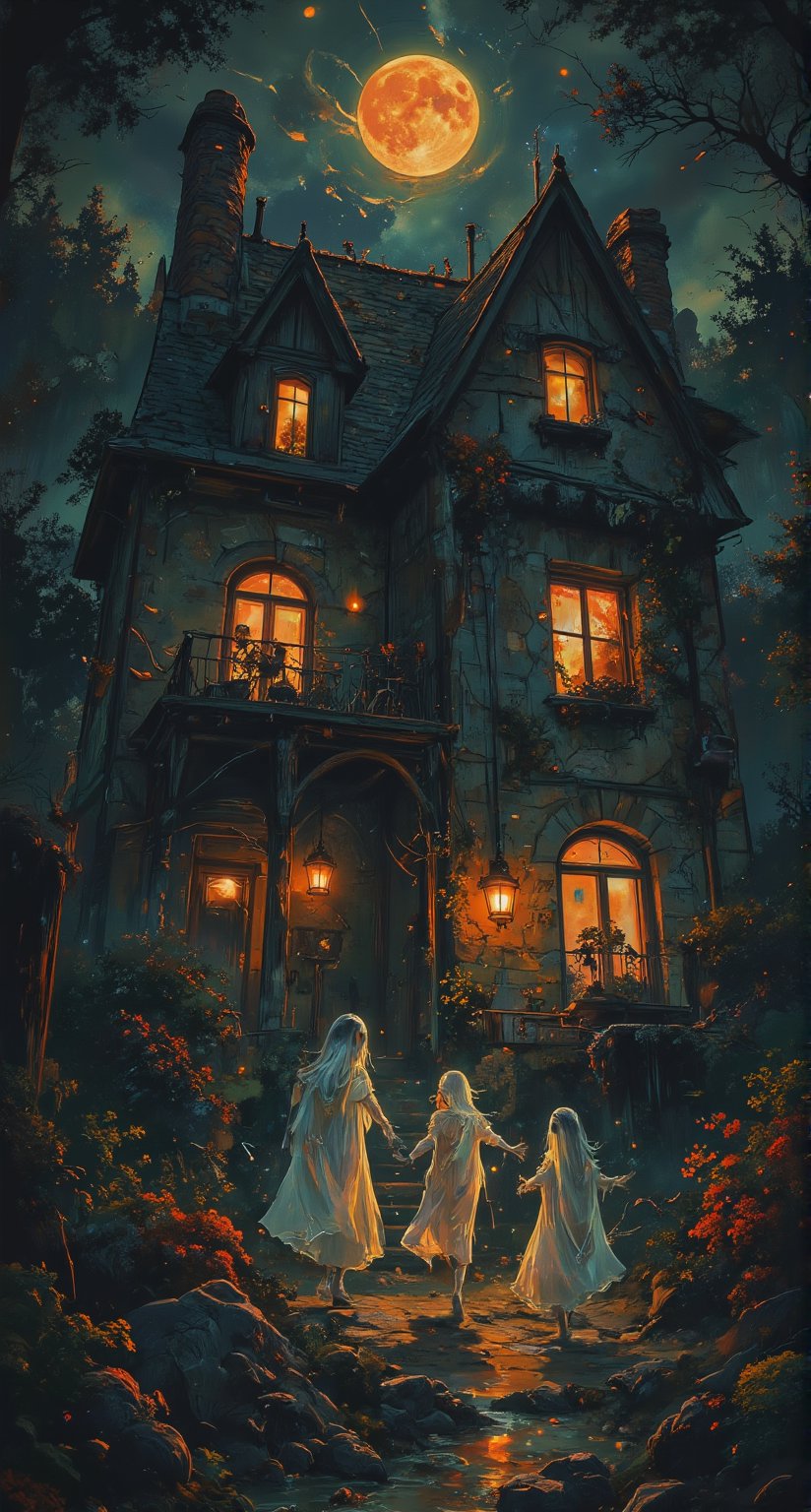 Extreme detailed. Stunning illustration by ZloyOrk. A spooky abode bathed in an unearthly glow, Halloween decor adorns the facade, a labyrinth of terrors within. Windows aglow like lanterns of the damned, shadows pirouette across crumbling stone walls, as ghostly apparitions frolic under the lunar spotlight, their ethereal forms dancing to an otherworldly waltz amidst the autumnal darkness.