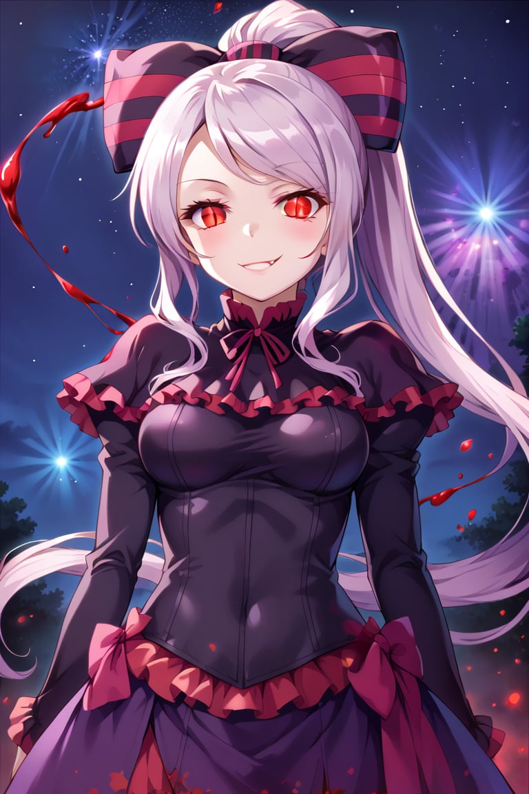 1 girl shalltear bloodfallen, shiny shalltear costume, extremely detailed cg, anime picture, shiny hair and skin, masterpiece, best quality, ultra-detailed, solo, medium breasts, pale skin, long hair, (ponytail), large hair bow, red eyes, slit pupils, glowing eyes, standing, cowboy shot, arms at sides, looking at viewer, smile, fang, evil, hostile, royal, majestic, elegant, graceful, particle effect, blood, flowing blood, outdoors,  night, nebula, stars, galaxy, chichibukuro, more detail XL, Shalltear Bloodfallen