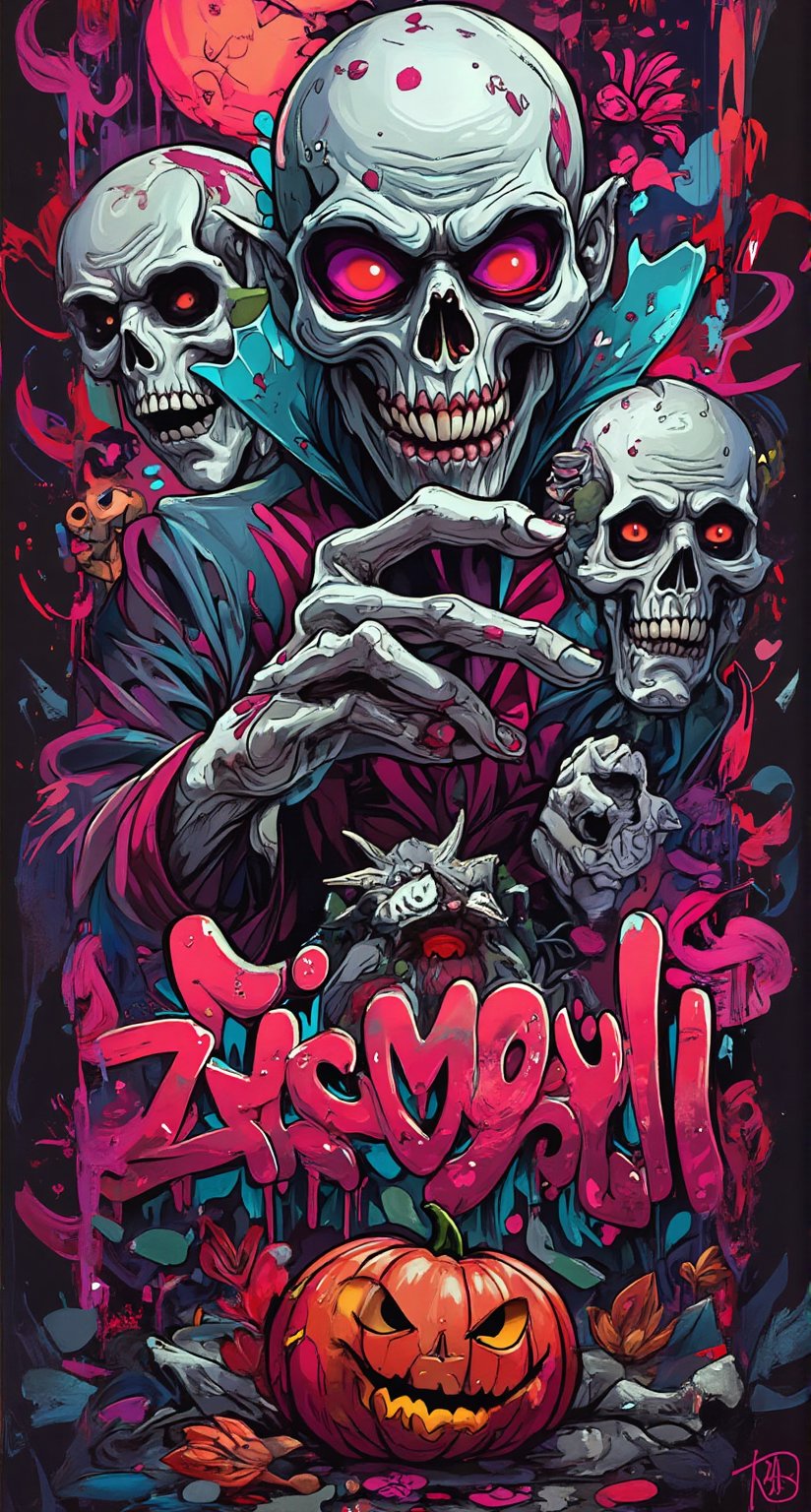 Masterpiece, graffiti artwork, extreme creepy halloween theme by ZloyOrk style, high quality.