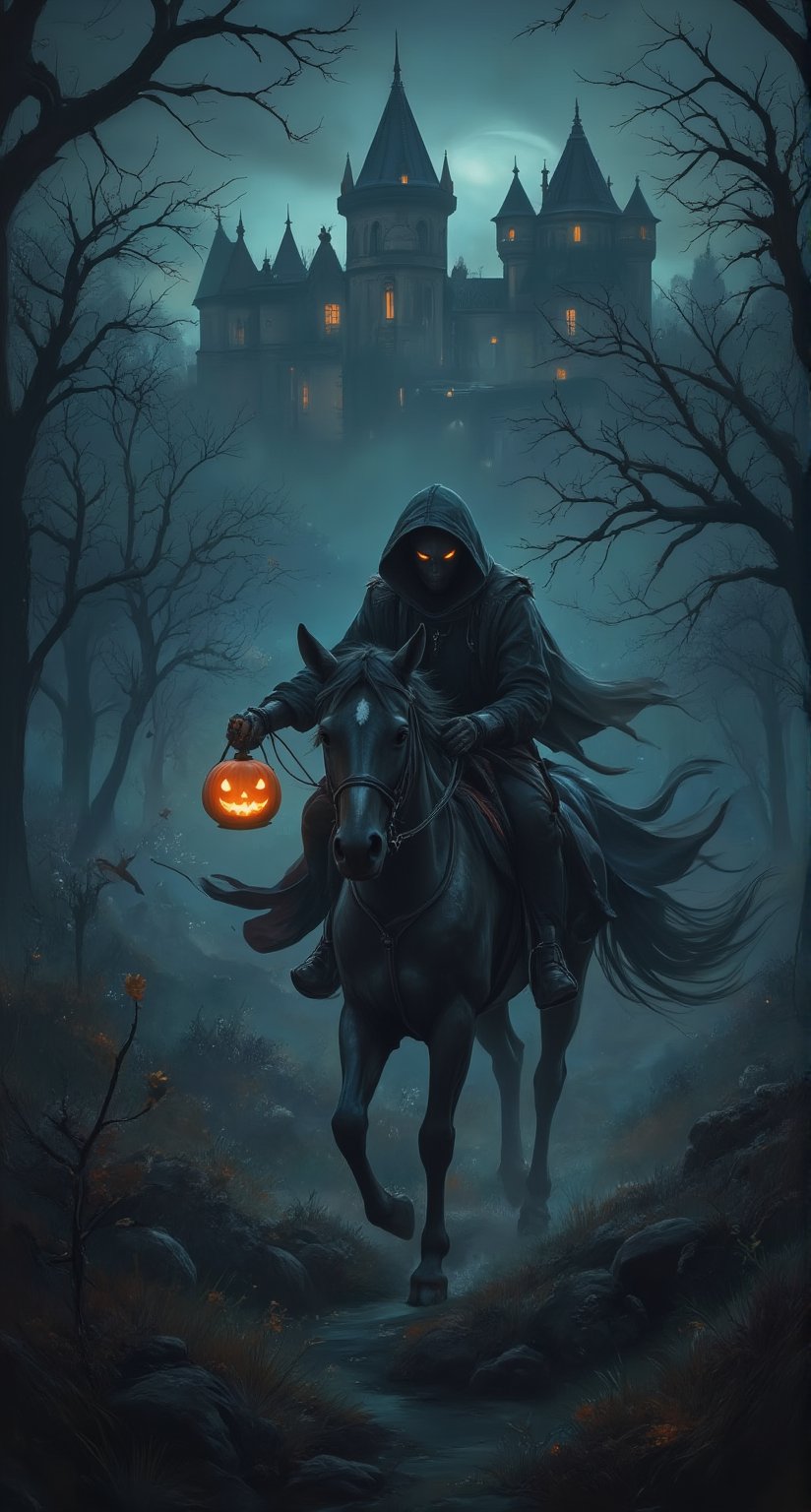 Stunning painting illustration by ZloyOrk. A dynamic mid-shot captures a headless rider on horseback galloping through a f...