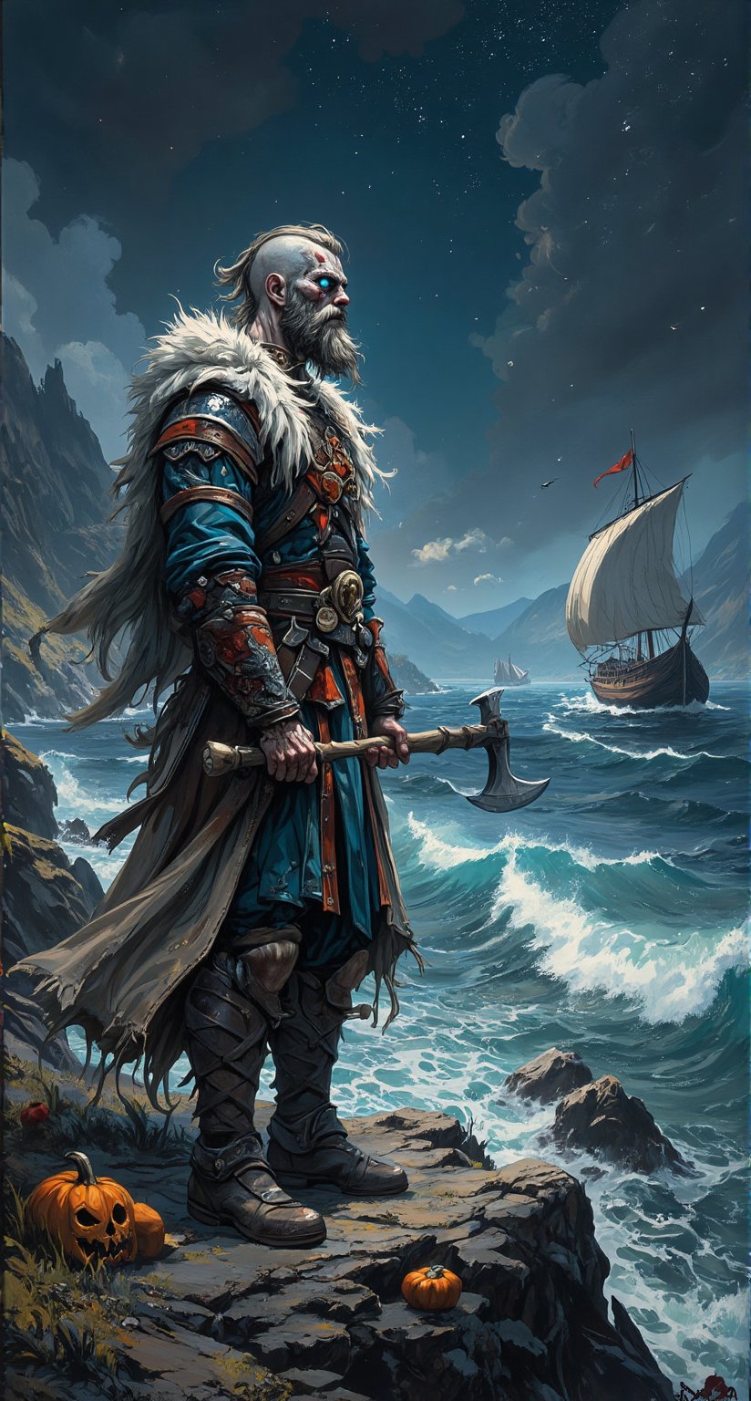 Masterpiece, graffiti artwork, extreme creepy halloween theme by ZloyOrk style, high quality. Extreme detailed character. A mighty Viking warrior stands tall on the edge of a fjord, his full-body fur cloak billowing in the wind as he gazes out at the rough seas. Dramatic lighting casts a heroic shadow across his bearded face, his piercing blue eyes burning with bravery. He wears battle attire, axe at the ready, as if preparing to launch into an adventurous journey on the legendary Viking longship sailing in the background. The dark sky above is dotted with stars, and the earthy tones of the surrounding landscape evoke a sense of mysticism. In this powerful scene, the strong frame of the warrior serves as a testament to his courage and valor, as he embodies the values of his ancient Norse culture.