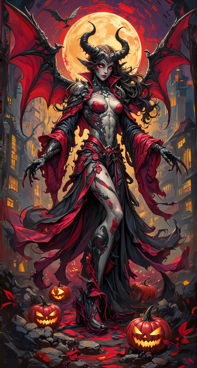 Masterpiece, graffiti artwork, halloween theme about a beautiful demon by ZloyOrk style, high quality, 8K resolution.