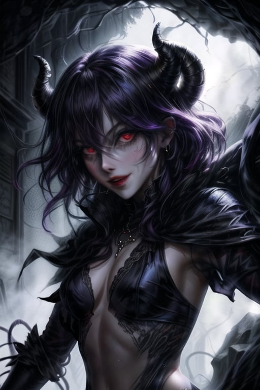 extreme detailed, (masterpiece), (top quality), (best quality), (official art), (beautiful and aesthetic:1.2), (stylish pose), (1 woman), (fractal art: 1.3), (colorful).
In a dimly lit, misty alleyway, a mesmerizing demon girl stands alone, her piercing red eyes fixed intently on the viewer. She is surrounded by a heavy, foreboding atmosphere, as if she might vanish into the shadows at any moment. Her purple-black hair cascades down her back like a waterfall of night, seamlessly blending with intricate horns that curve upward from her temples. The horns' dark, scaly texture glistens in the faint moonlight, as if infused with an otherworldly energy. A subtle, wicked grin plays on her lips, hinting at a malevolent intent. Her porcelain-ike skin glows with an ethereal sheen, illuminated by the faint, eerie light that seems to emanate from her very being.