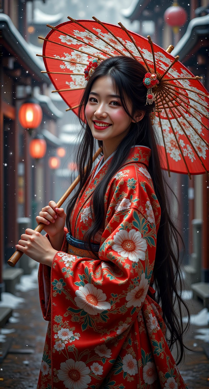 Here's a prompt for an SD model: A stunning woman in a vibrant kimono with intricate floral patterns stands proudly agains...