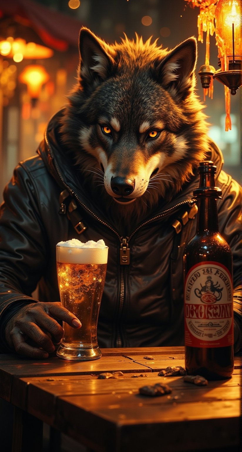 In ZloyOrk's Masterpiece, a majestic lycanthrope sits comfortably at a rustic wooden table, bathed in warm golden light that highlights the rich dark brown fur glistening subtly. The anthropomorphic wolf wears a motorcycling jacket and cradles a frosty beer glass, with the big bottle of "OCTOBERFEST 2024" beside it, covered in condensation. Its claws gently wrap around the glass, exuding confidence and indulgence as it savors the quiet night out at Oktoberfest. The perfect background complements the extraordinary scene of a werewolf enjoying its evening.