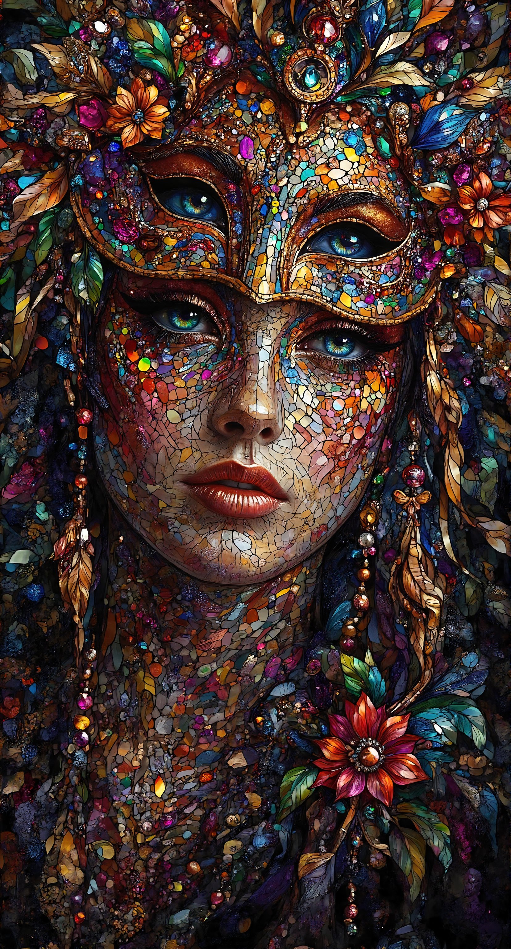 A stunning stained glass artwork featuring a mystifying gothic beauty dons a masquerade mask,  her delicate features shrou...