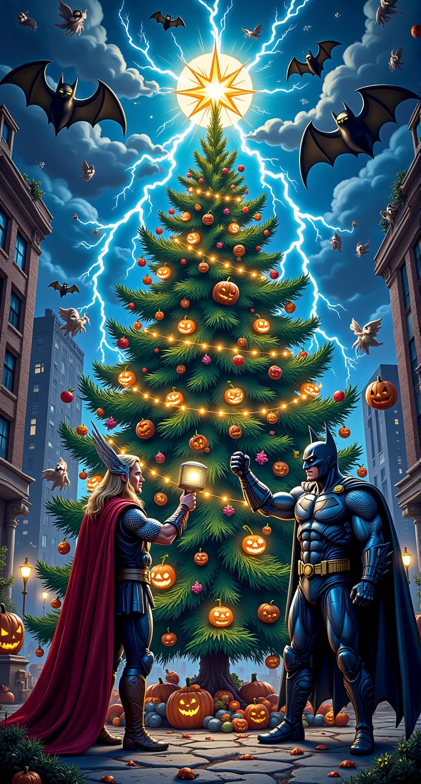 Thor and Batman team up to decorate a giant Halloween tree, each using their powers in humorous ways. Thor, with a hammer in one hand, comically hurls lightning bolts to hang glowing bats, while Batman is magically making candy garlands float. The graffiti backdrop showcases lightning bolts and playful ghosts dancing around the tree, blending their superhero elements with cartoonish charm and vibrant colors