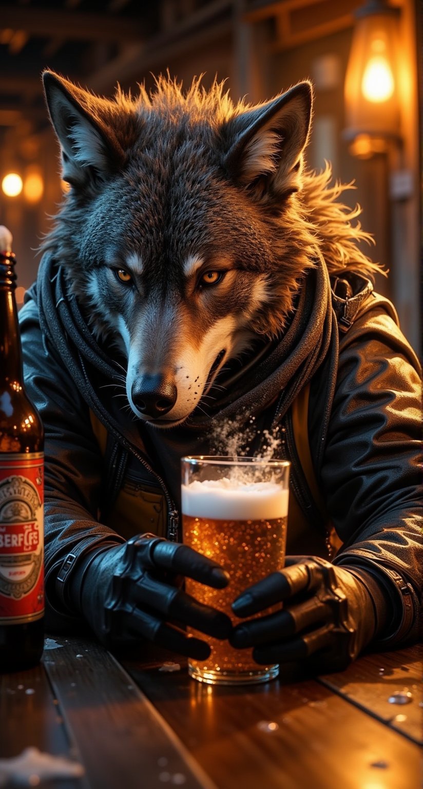 In 'ZloyOrk's Masterpiece', a majestic lycanthrope (anthropomorphic wolf) wearing in motorcycling jacket and gloves, relaxes at a rustic wooden table, bathed in warm golden light. Its rich dark brown fur glistens subtly as it cradles a frosty beer glass, and big bottle beer with label "OCTOBERFEST 2024" on the table. Condensation-covered and perfectly posed. Claws gently wrap around the glass, conveying confidence and indulgence. Perfect background.  Rest solely on this extraordinary scene of a werewolf savoring a quiet night out at Oktoberfest.