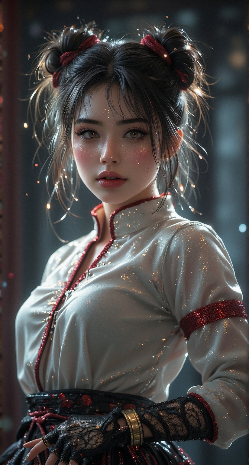 Tenten stands confidently, her dark hair styled in twin buns framing her determined expression and bright brown eyes. A stunning white blouse with maroon edges adorns her physique, its high collar and long sleeves accentuating her ninja form. Black fingerless gloves cover her hands, adorned with intricate fishnet patterns that shimmer under the soft light. Her hakama-styled pants puff out around her ankles, a testament to her exceptional agility as a shinobi. At her side, she holds a kunai, its metallic surface reflecting the subtle lighting of the scene. The overall aesthetic is sleek and sophisticated, as if Tenten is about to embark on a high- stakes mission. Midjourney style