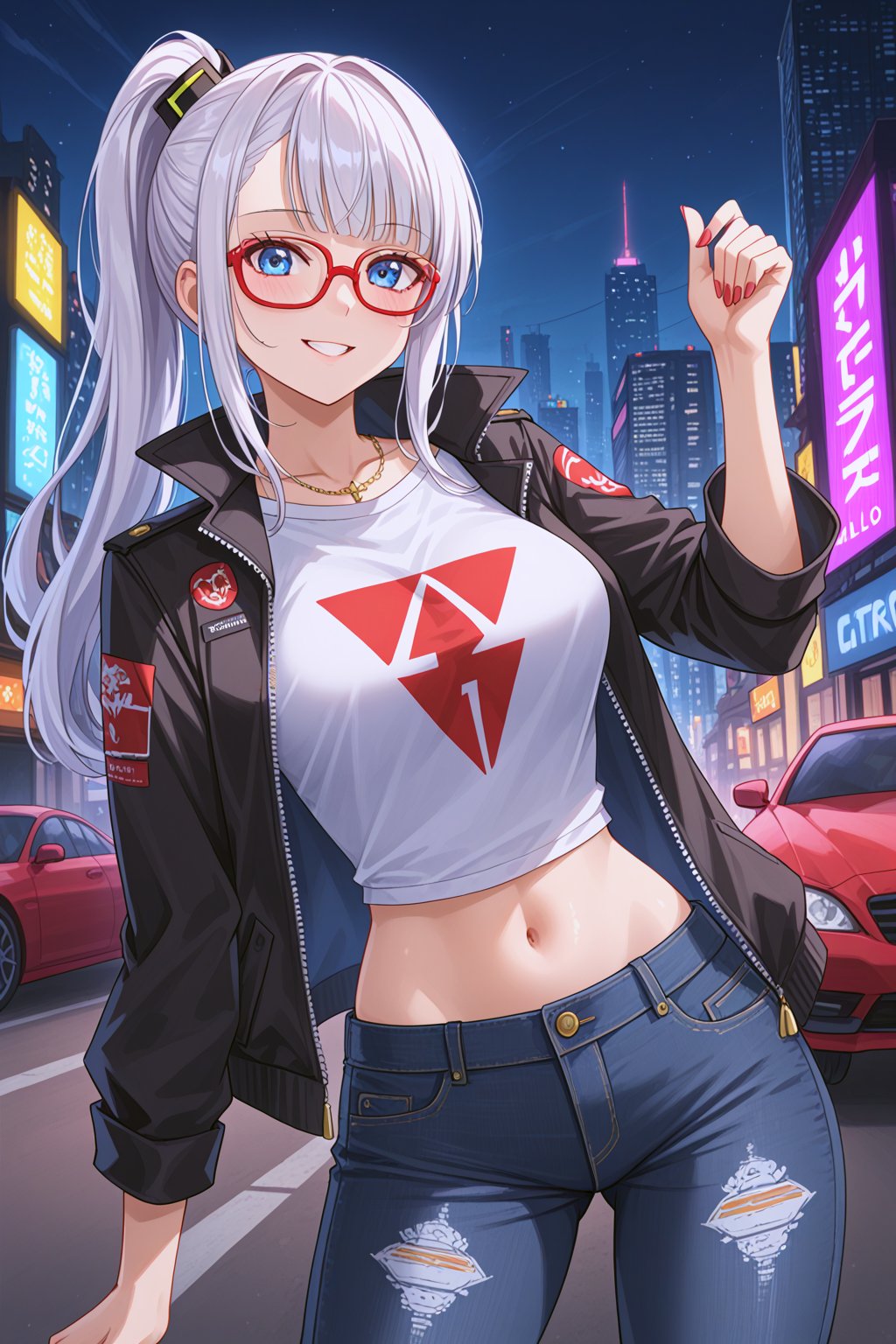 In a dystopian cyberpunk alleyway, a stunning girl with thin features and striking contrasts between her white hair tips dyed a deep purple. She walks confidently in distressed jeans, a crisp white shirt, and a black jacket adorned with intricate details. Her gaze is framed by red circular glasses, exuding an air of rebellious sophistication. Amidst the neon-lit cityscape, cars with pulsing lights zip by as she navigates through the crowded streets. The futuristic metropolis's gritty beauty serves as the backdrop for this enigmatic figure, a masterpiece brought to life by Mika Pikazo and Guweiz (Wlop), where unique details converge to create an unforgettable work of art.