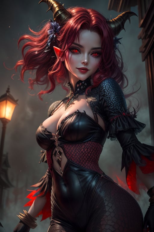 extreme detailed, (masterpiece), (top quality), (best quality), (official art), (beautiful and aesthetic:1.2), (stylish pose), (1 woman), (fractal art: 1.3), (colorful).
Mesmerizing demon girl stands alone in dimly lit foggy alley, piercing red eyes fixed intently on viewer. Ominous atmosphere hangs heavy as she appears ready to vanish into shadows. Red-black hair cascades down back like waterfall at night, morphing into intricate horns curving upwards from temples. Dark scaly texture glistens with otherworldly energy in faint moonlight. Barely noticeable, vicious smile hints at evil intentions on lips. Porcelain skin shines unearthly luminous in eerie light emanating from her being. Ears of ordinary person starkly contrast with demonic features.