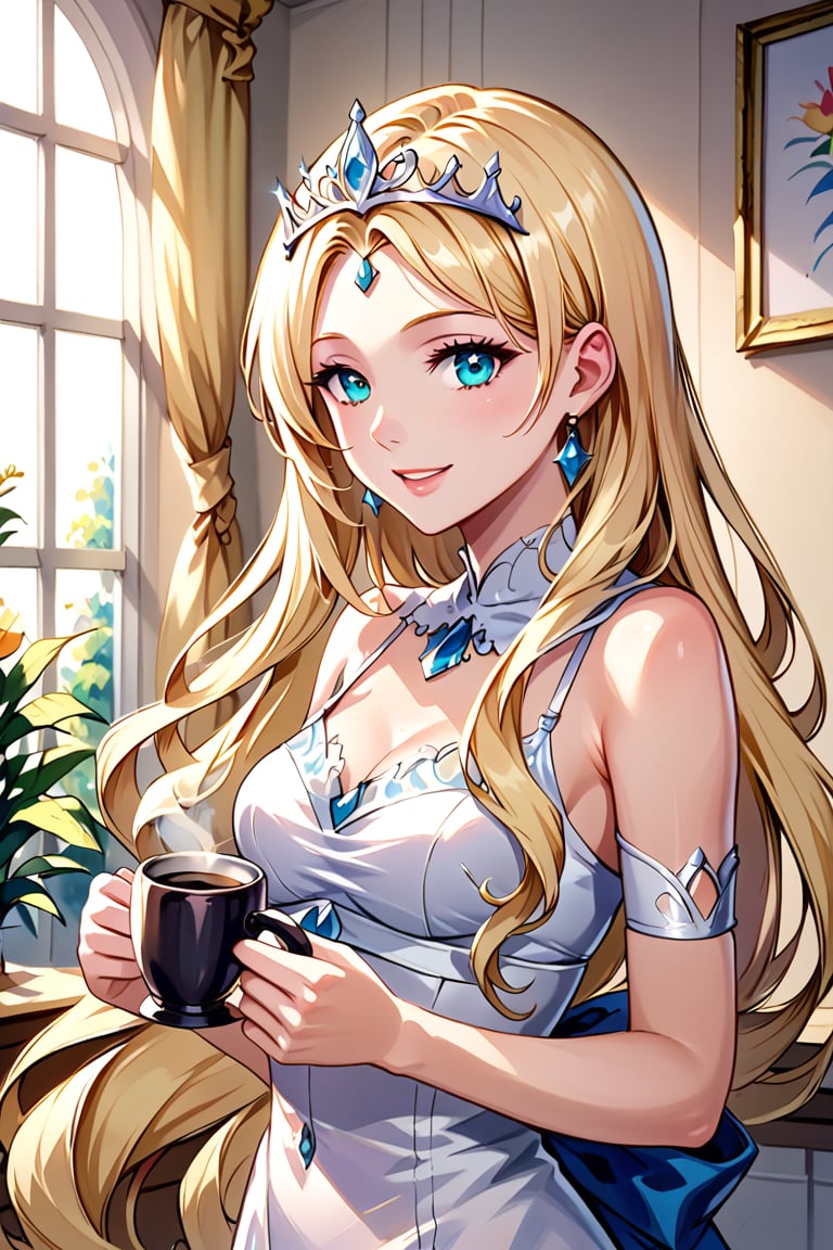 ((masterpiece)), ((best quality)), (ultra-detailed), ((extremely detailed)), 4K, (8K), best quality, (beautiful), watercolor, upper body, colorful, in the room, Western style room, 1girl, solo, , beautiful pale cyan eyes, ((beautiful eyes)), , slim, slender, ribon, cup, black coffee, a sweet face and a smile, 1girl, solo, Calca, Calca Bessarez, blonde hair, extremely long hair, very long hair, white tiara, white dress, light cyan eyes, medium chest