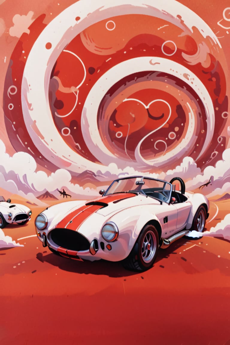 A retro Shelby Cobra 10K speeding across a stunning white-to-red gradient background, where bold vector shapes and swirling clouds swirl together in harmony. The car's sleek design is set against abstract, geometric patterns of circles and arrows in a grunge-inspired style, with the text THANKS boldly displayed.