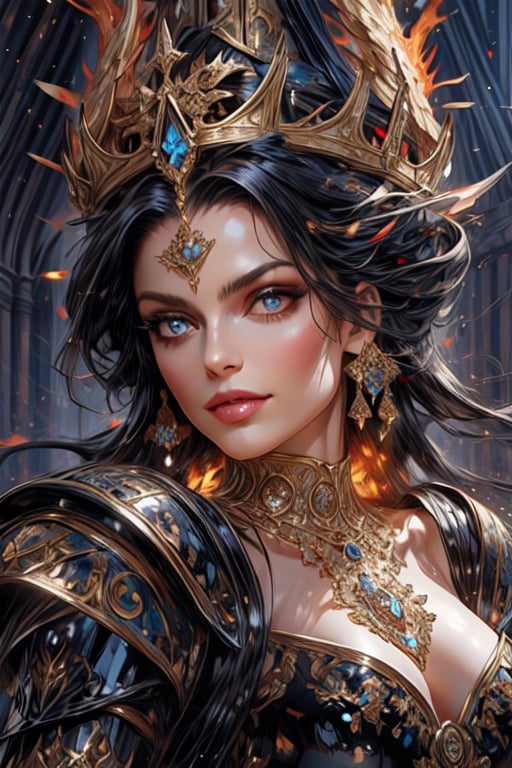 A regal figure, the female emperor stands proudly, donning a majestic phoenix crown adorned with fiery plumage and gleaming gemstones. She wears imposing black armor, polished to perfection, which accentuates her statuesque physique. Her gaze is fierce and commanding, surveying her kingdom from atop a throne or pedestal, perhaps in a grand hall or darkened citadel, surrounded by ornate tapestries and flickering candles.