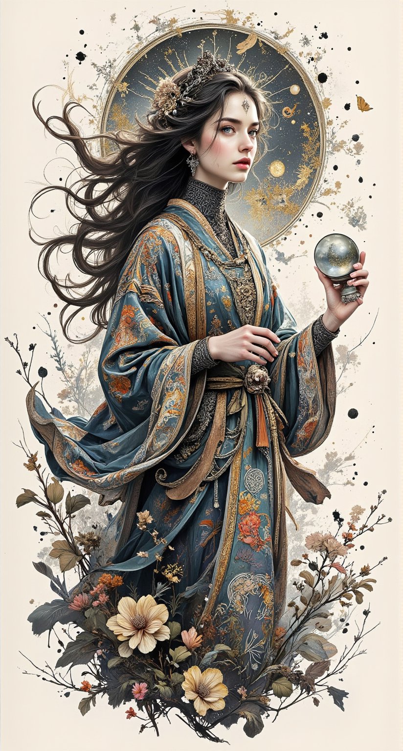 Create an intricate illustration of a beautiful and passionate female divination character,  capturing her essence in the...
